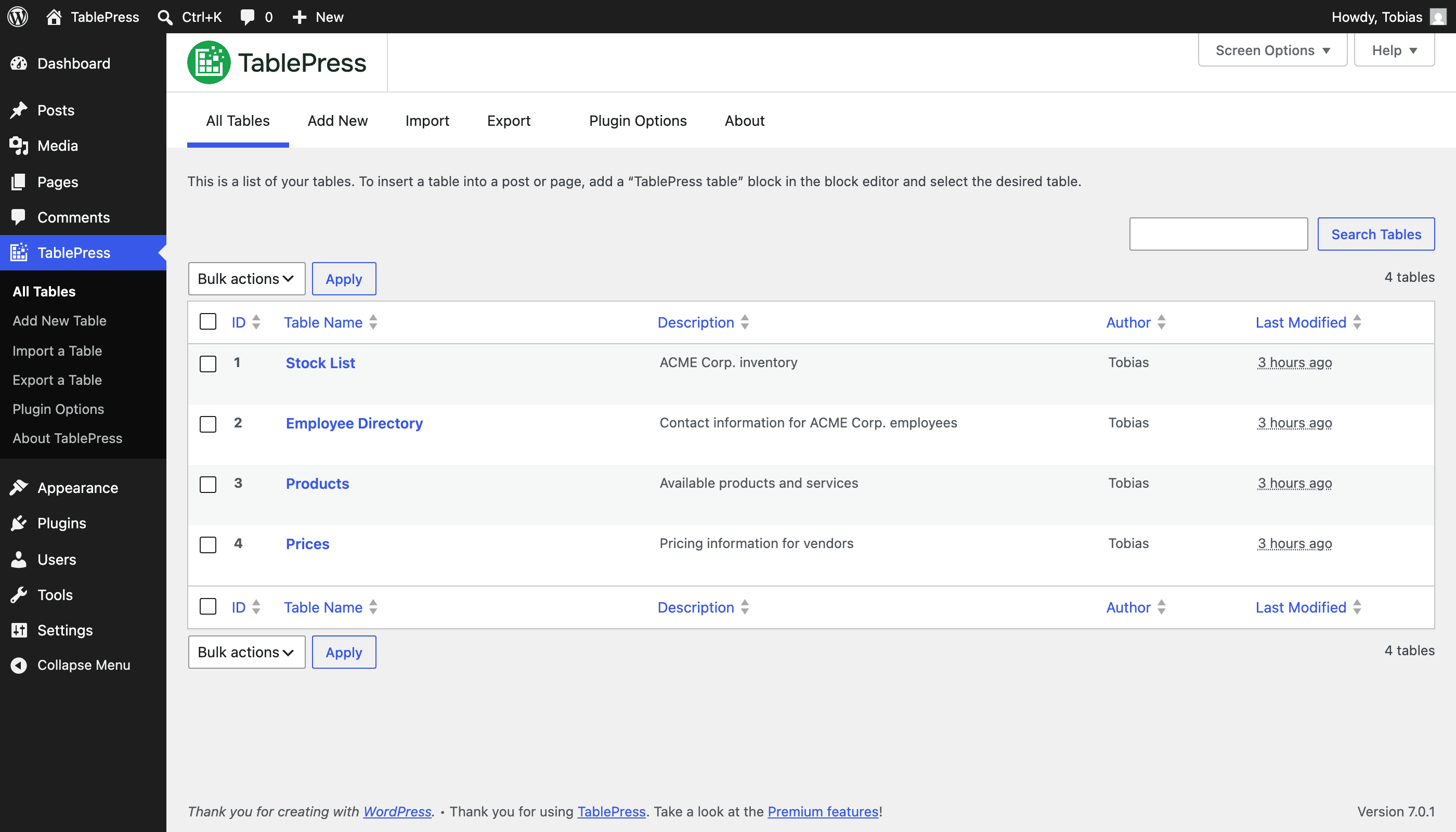 Screenshot of the TablePress "List of Tables" screen