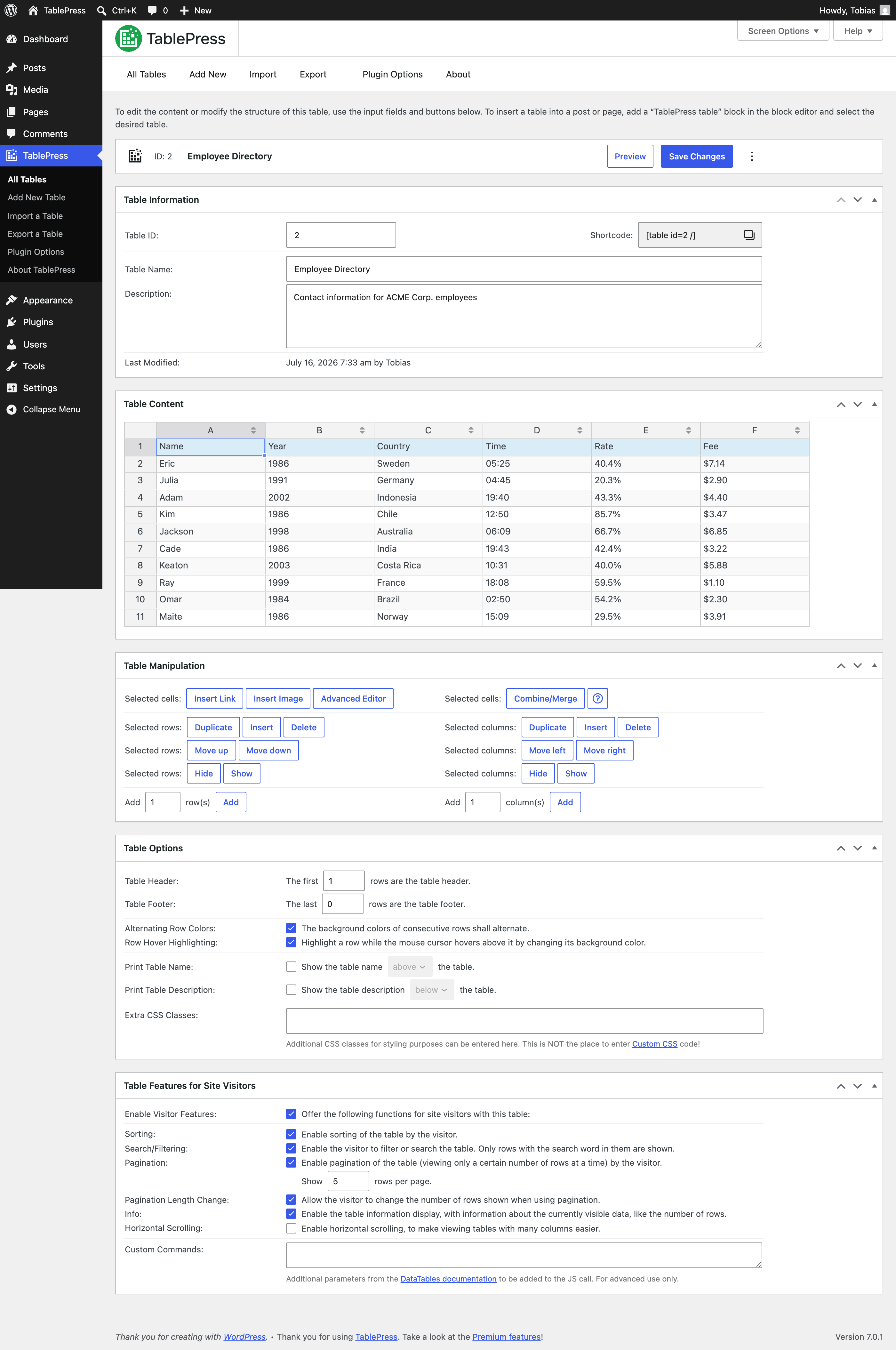 Screenshot of the TablePress "Edit" screen