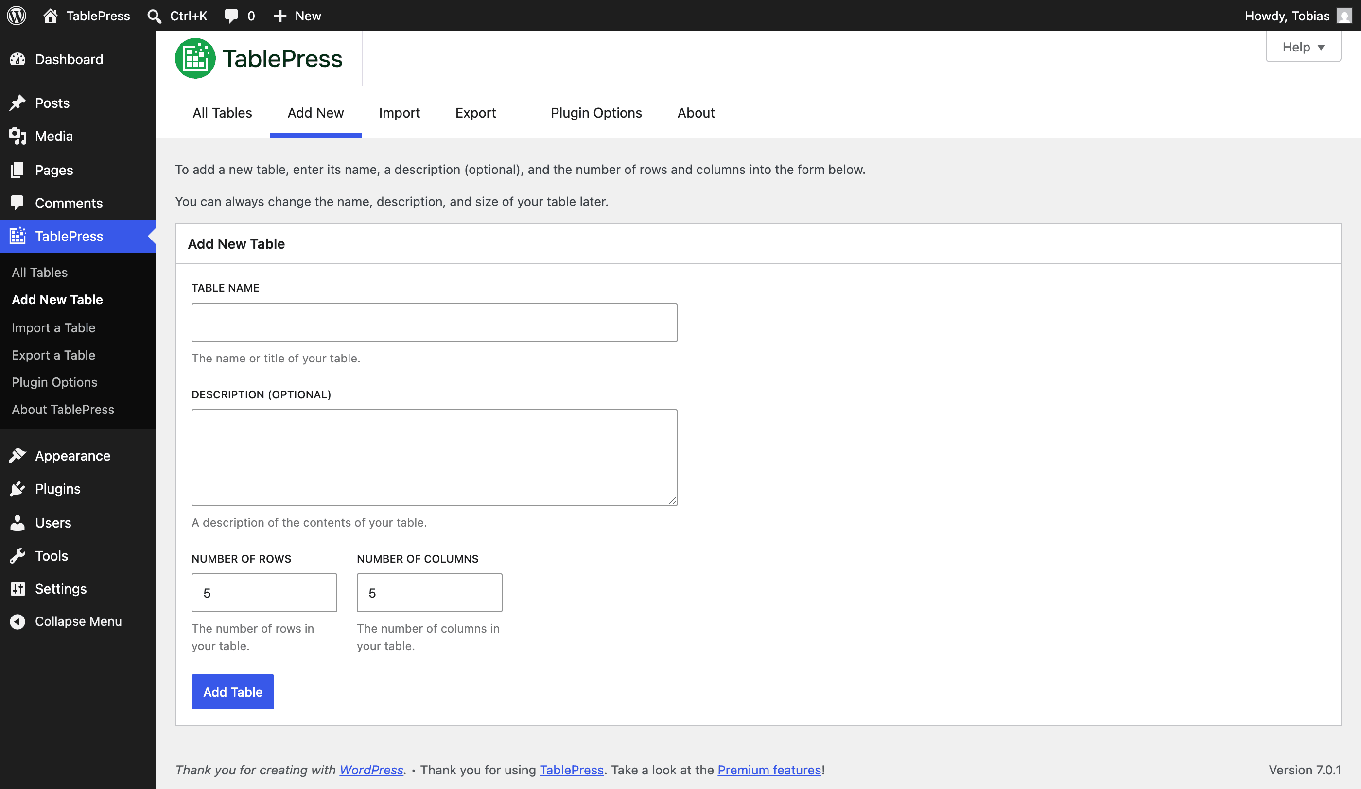 Screenshot of the TablePress "Add new Table" screen