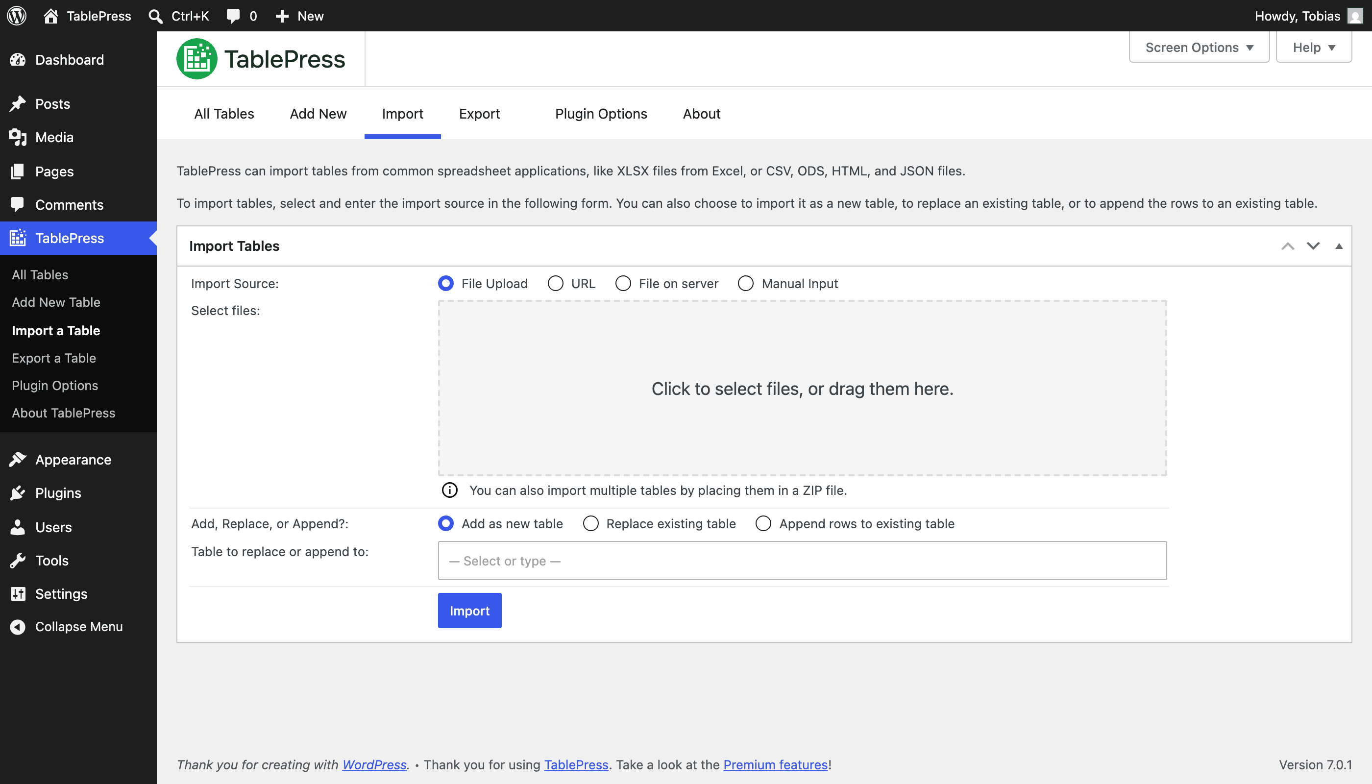 Screenshot of the TablePress "Import" screen