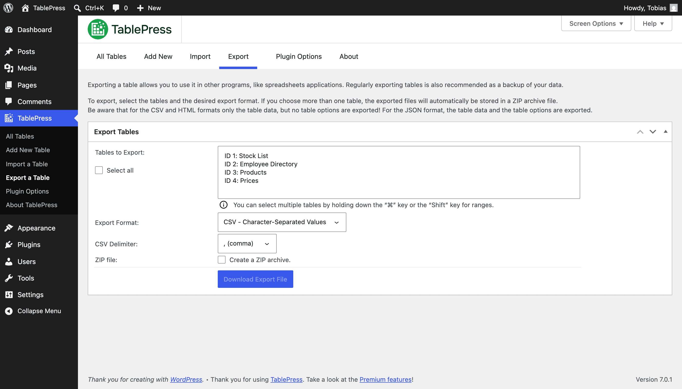 Screenshot of the TablePress "Export" screen