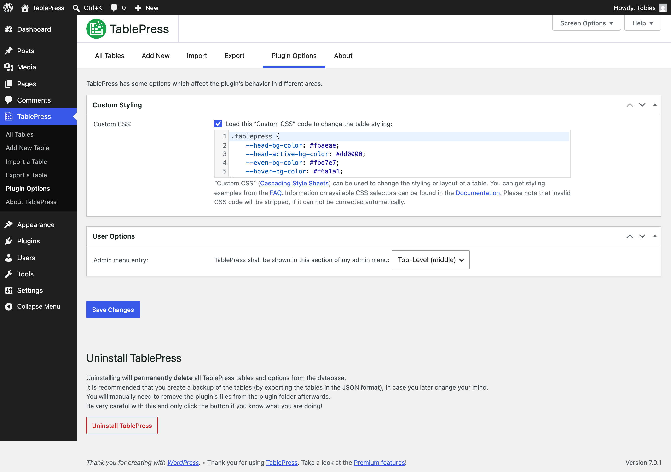 Screenshot of the TablePress "Plugin Options" screen