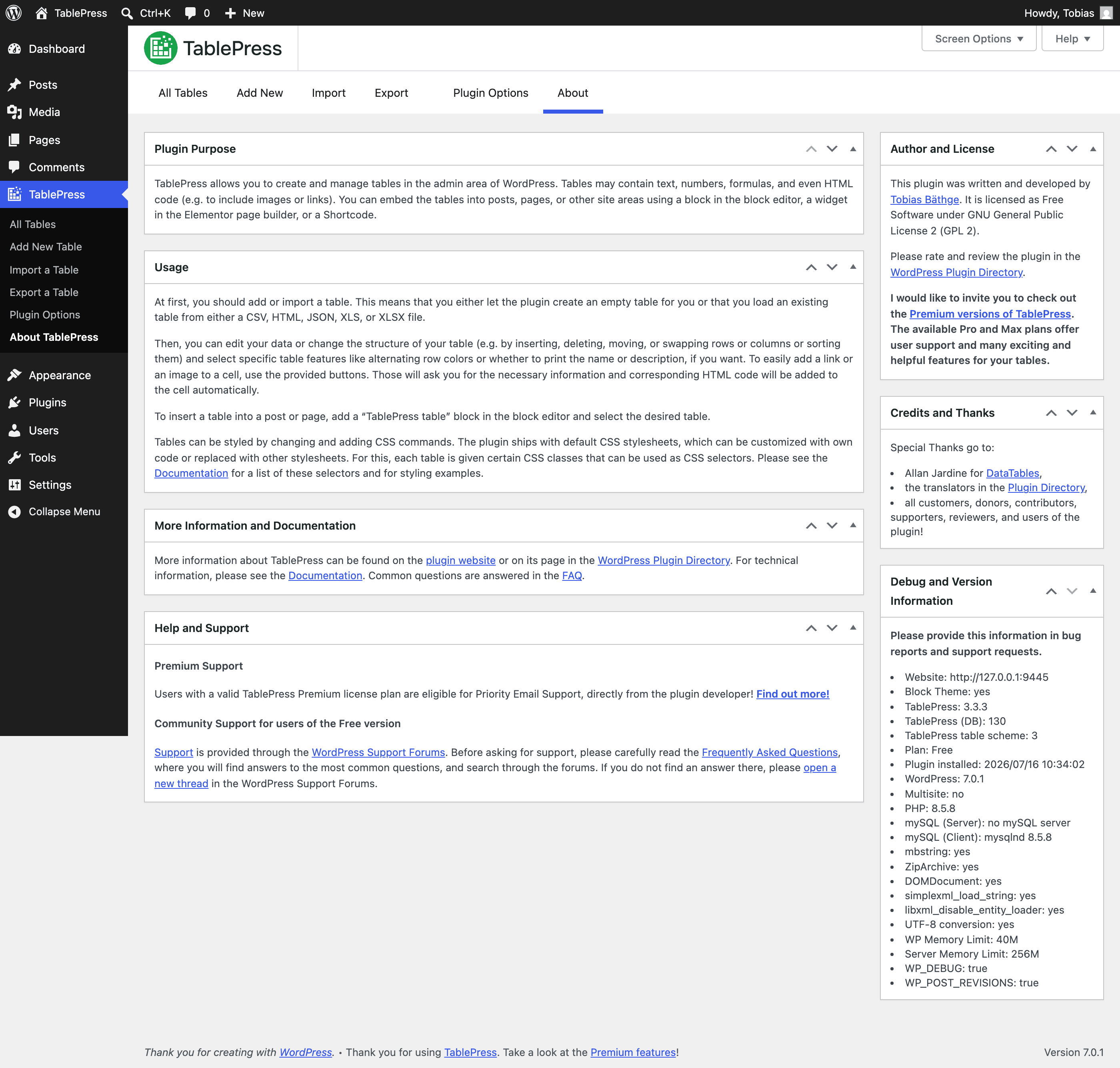 Screenshot of the TablePress "About" screen