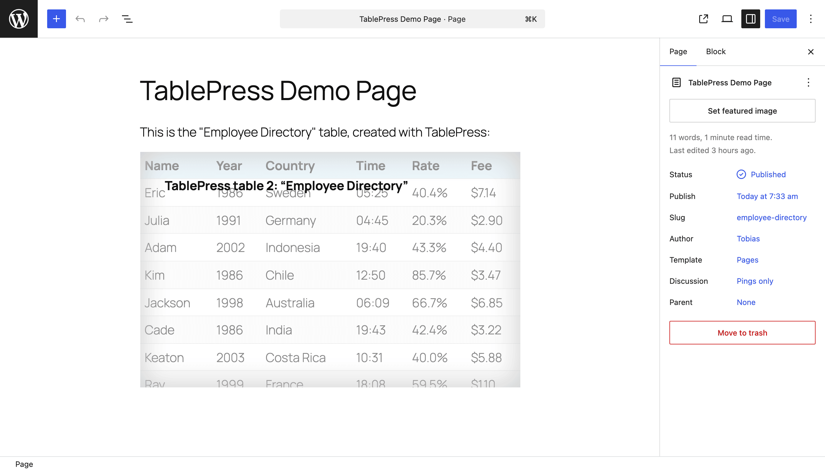 Screenshot of the "TablePress table" block in the WordPress block editor