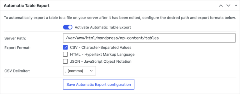 Automatic Table Export · TablePress