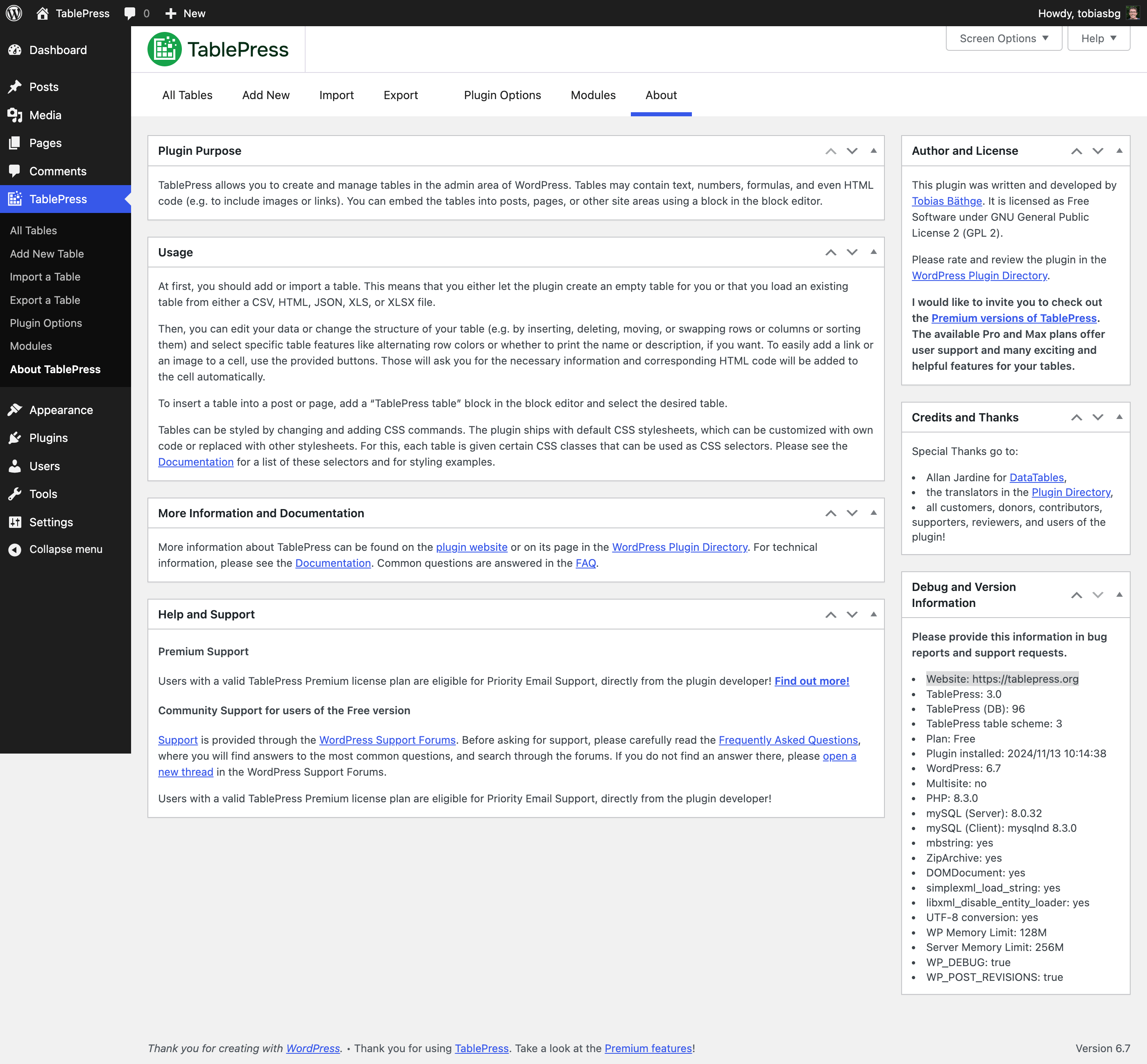 Screenshot of the TablePress "About" screen
