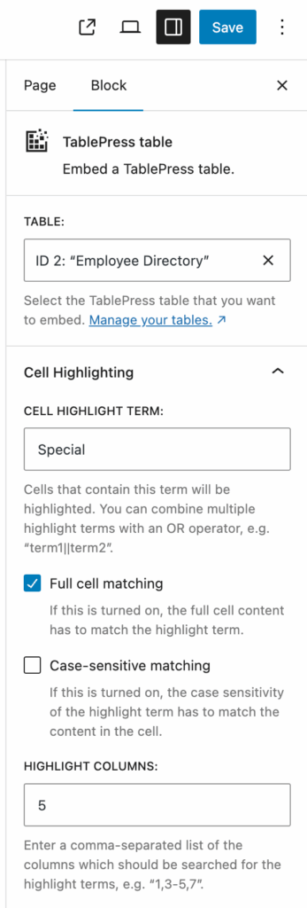 Cell Highlighting · TablePress