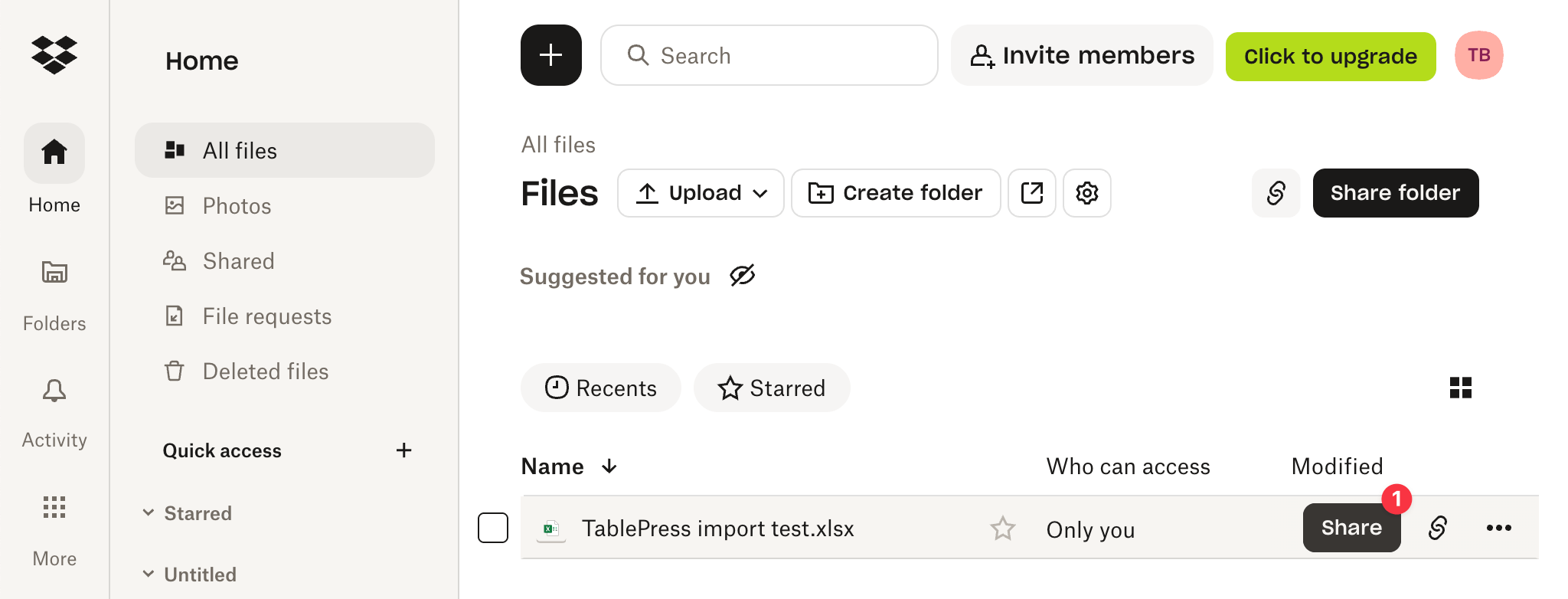Opening the "Share" dialog in Dropbox.