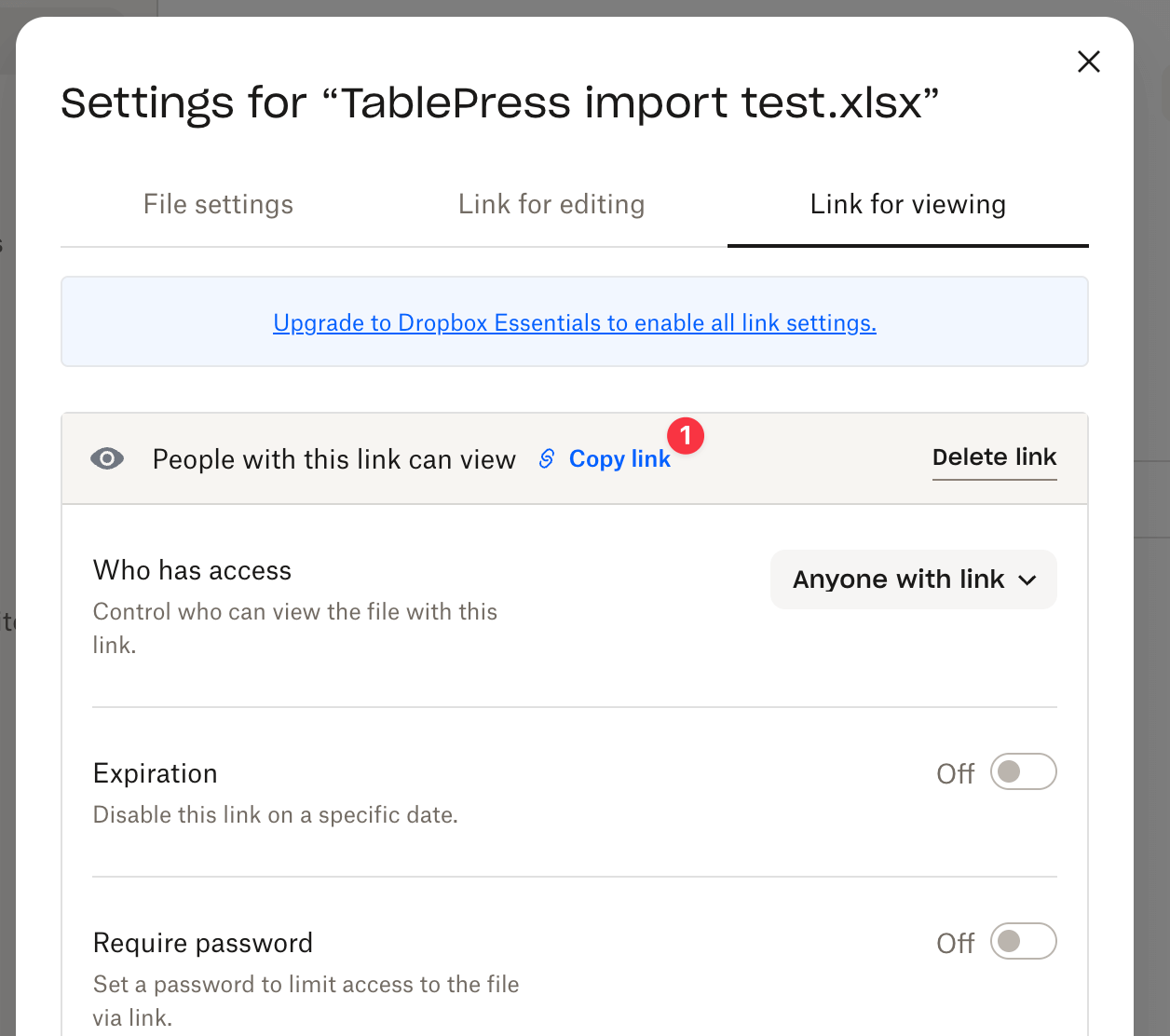Copying the View link in the Dropbox sharing settings.