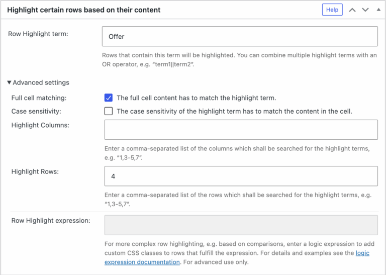 Row Highlighting · TablePress
