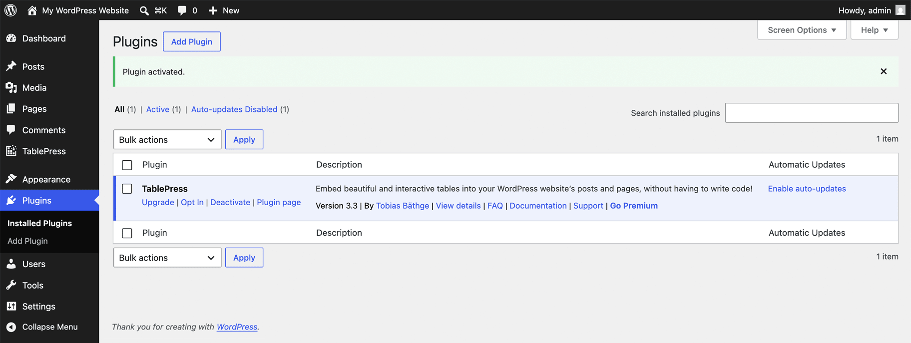 Screenshot of the WordPress plugin overview with a TablePress entry, showcasing the finalized installation.