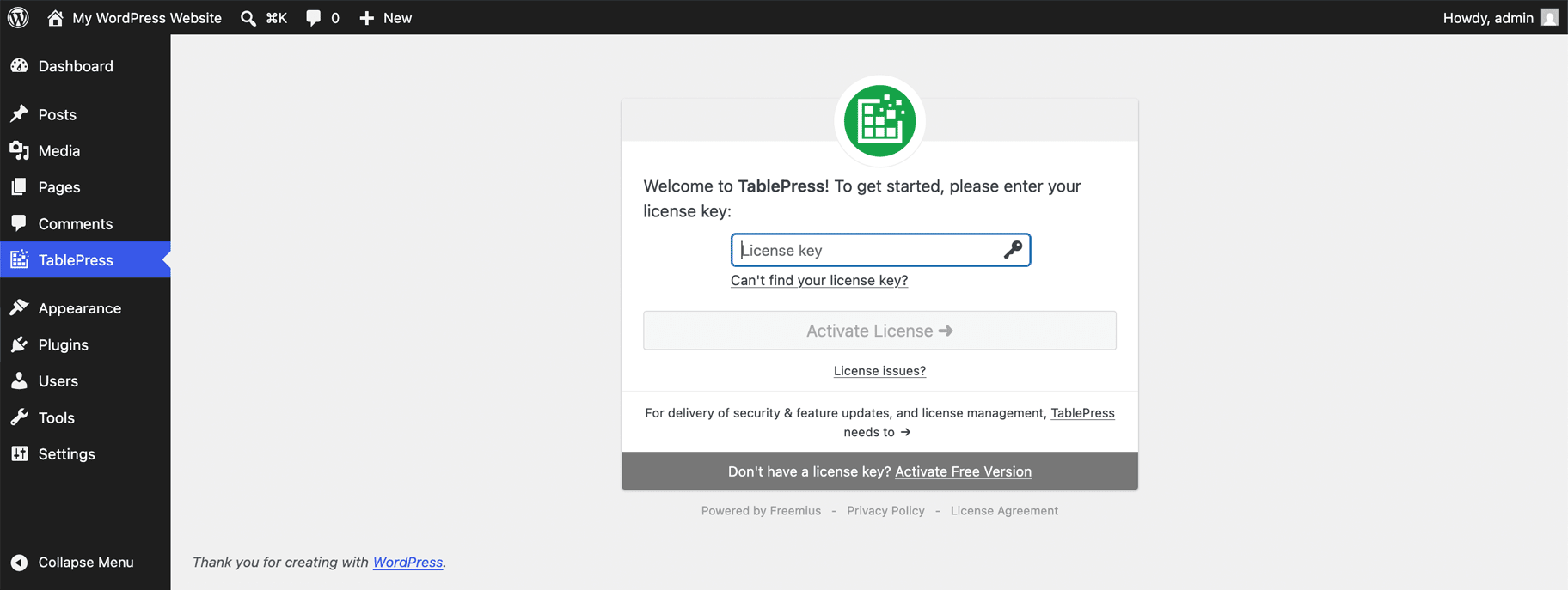 Screenshot of the TablePress Premium interface, showcasing the license key splash screen.