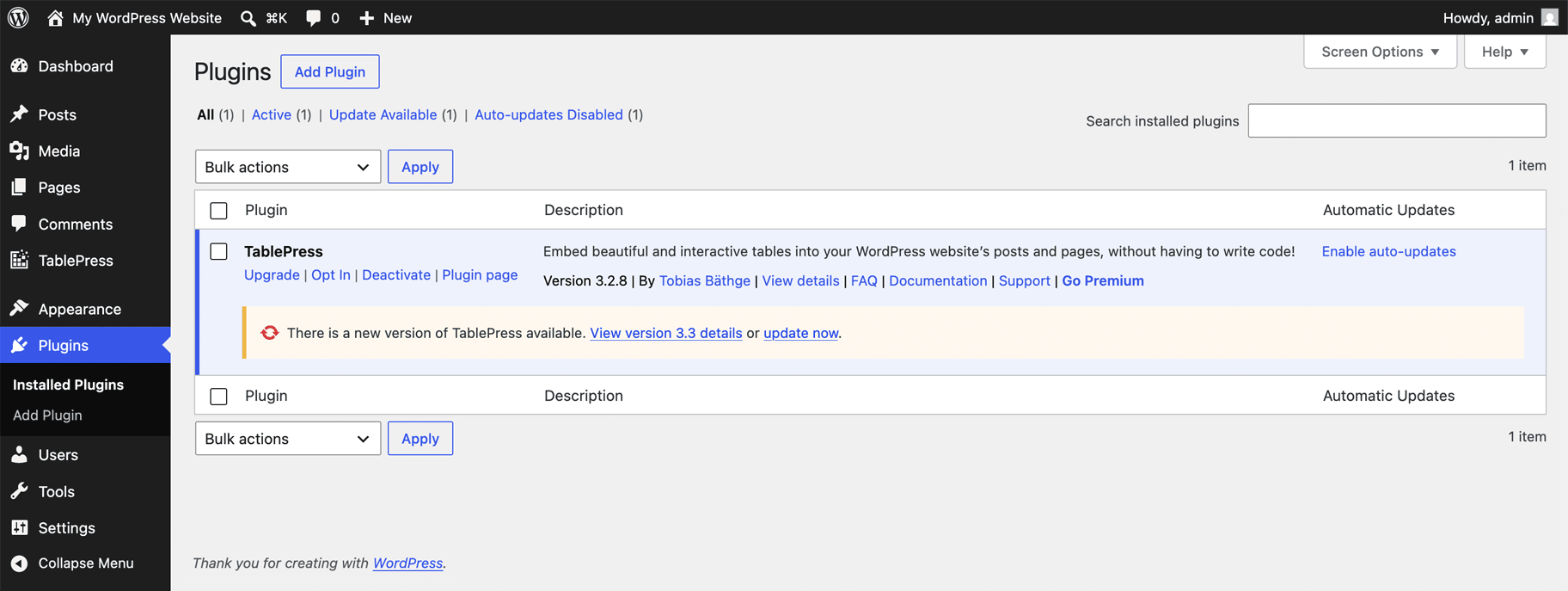 Screenshot of the WordPress plugin overview with a TablePress entry, showcasing the update prompt.