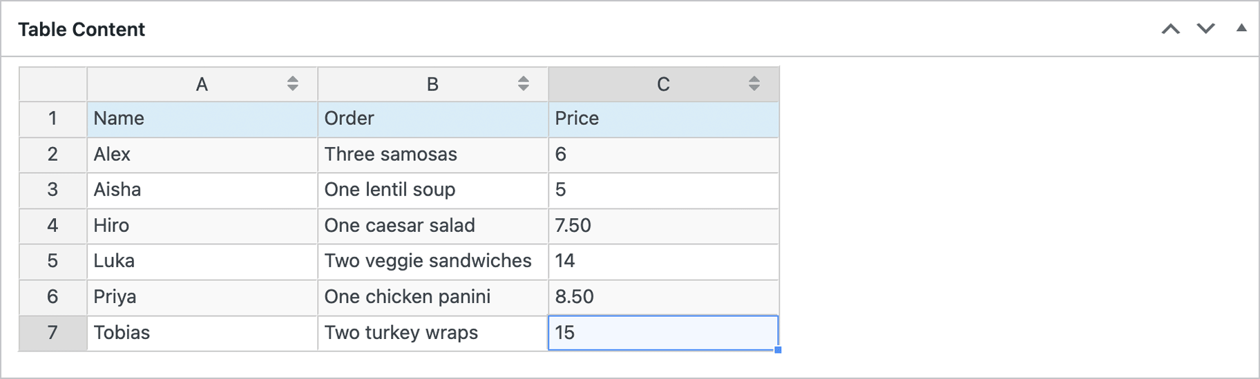 Screenshot of the TablePress Edit Table screen, showcasing mock table content.