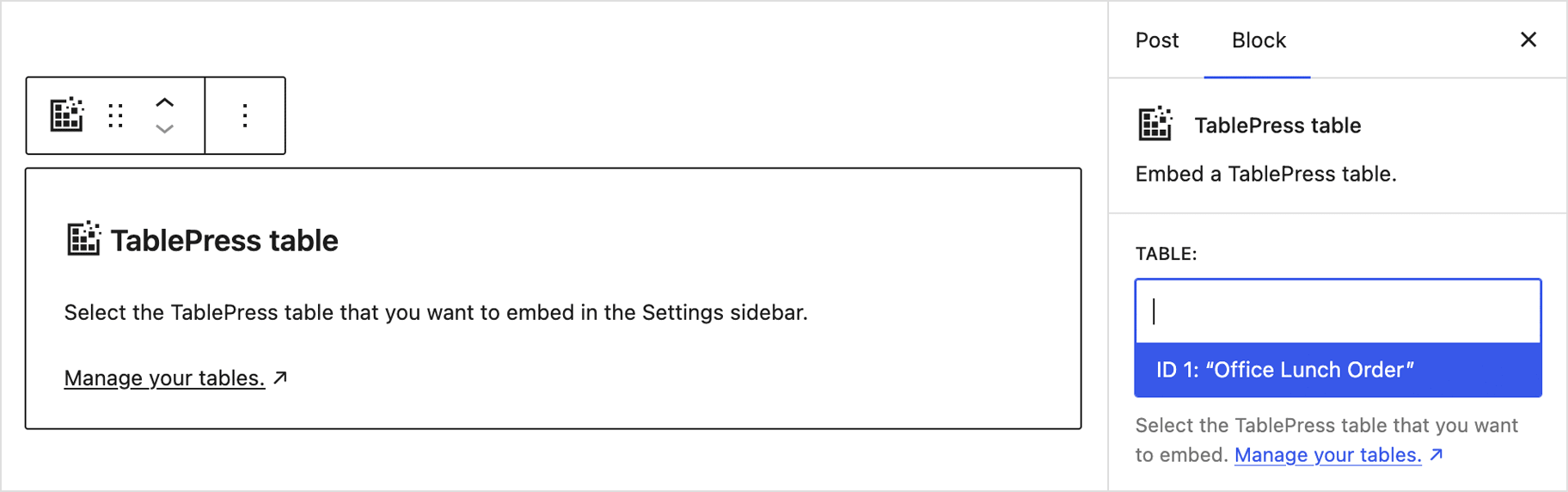 Screenshot of the WordPress block editor, showcasing placing a TablePress table.