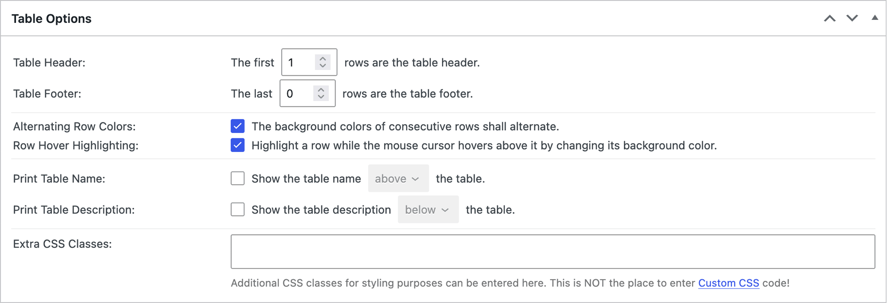 Screenshot of the TablePress Edit Table screen, showcasing Table Options.