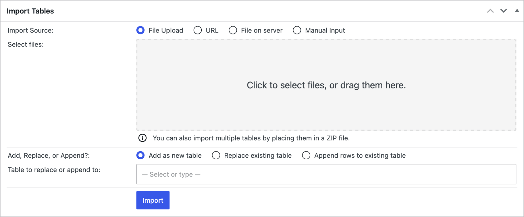 Screenshot of the TablePress Table Import screen.