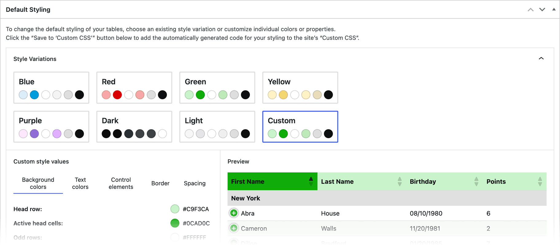 Screenshot of the TablePress Default Styling section in the Plugin Options.