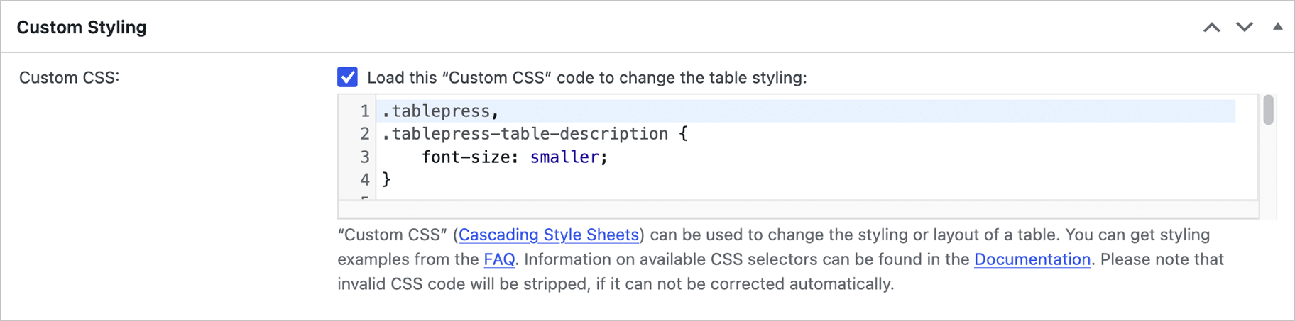 Screenshot of the TablePress Custom Styling section in the Plugin Options.