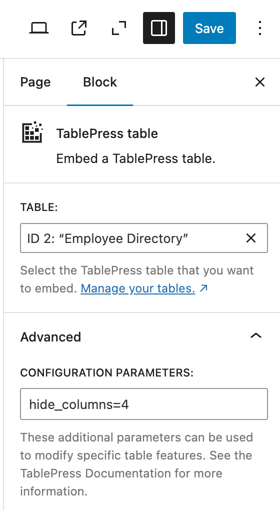 Screenshot of the sidebar of the "TablePress table" block in the block editor.