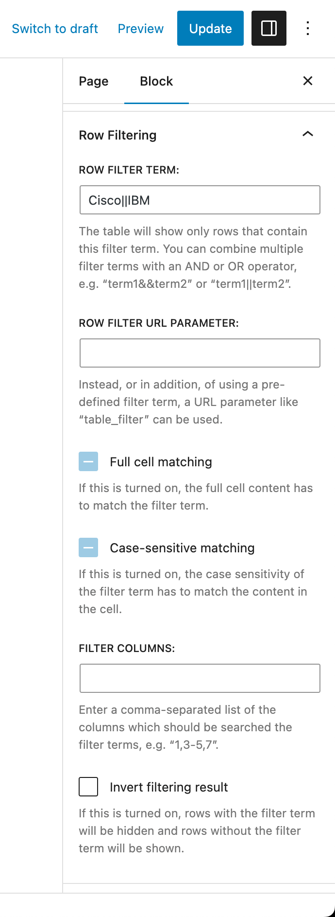 The available settings for the Row Filtering module in the "Settings" sidebar of the "TablePress table" block.