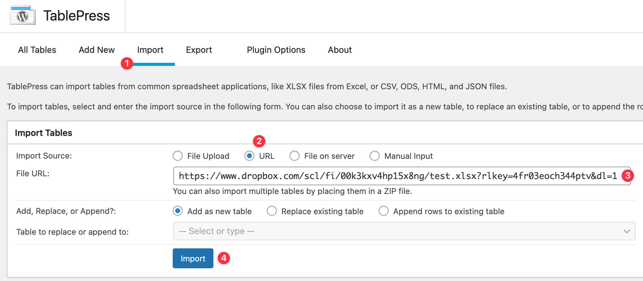 Importing a TablePress table from the generated Sharing URL of a file in Dropbox.