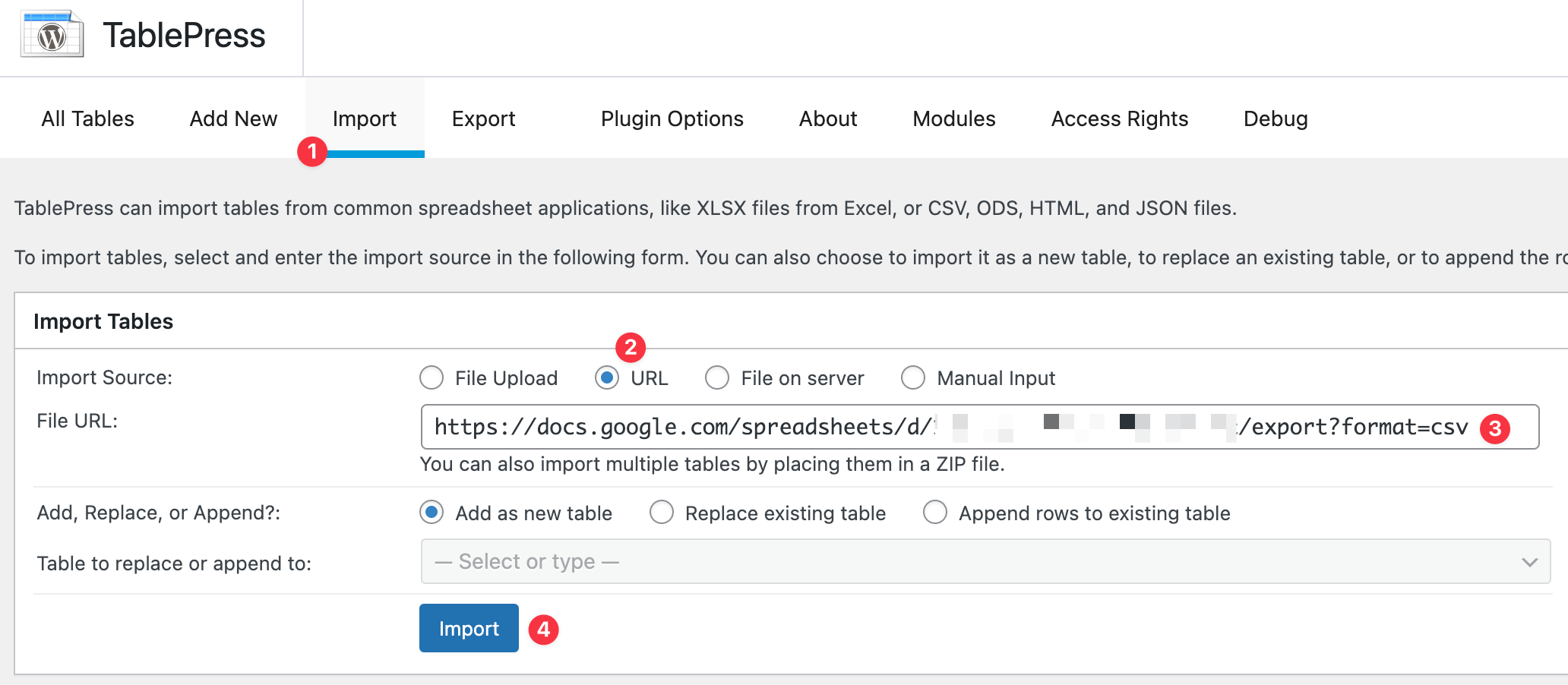 Importing a TablePress table from the generated Sharing URL of a Google Sheet.