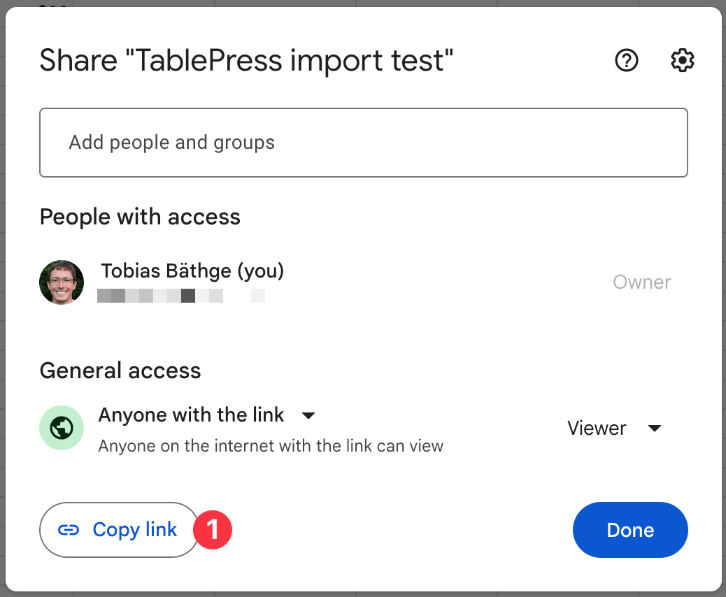 Copying the Sharing link address from the "Share" dialog of Google Sheets.