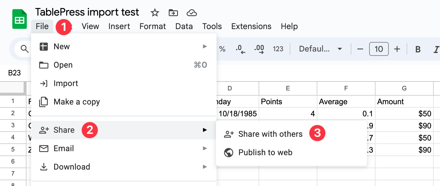 Opening the "Share with others" dialog in Google Sheets.
