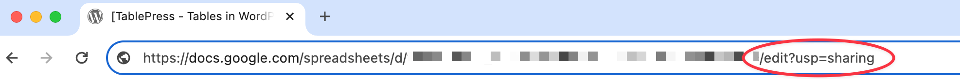 The Editing URL "https://docs.google.com/spreadsheets/d/{spreadsheet-id}/edit?usp=sharing" for a Google Sheet in the browser address bar, with /edit?usp=sharing at the end.