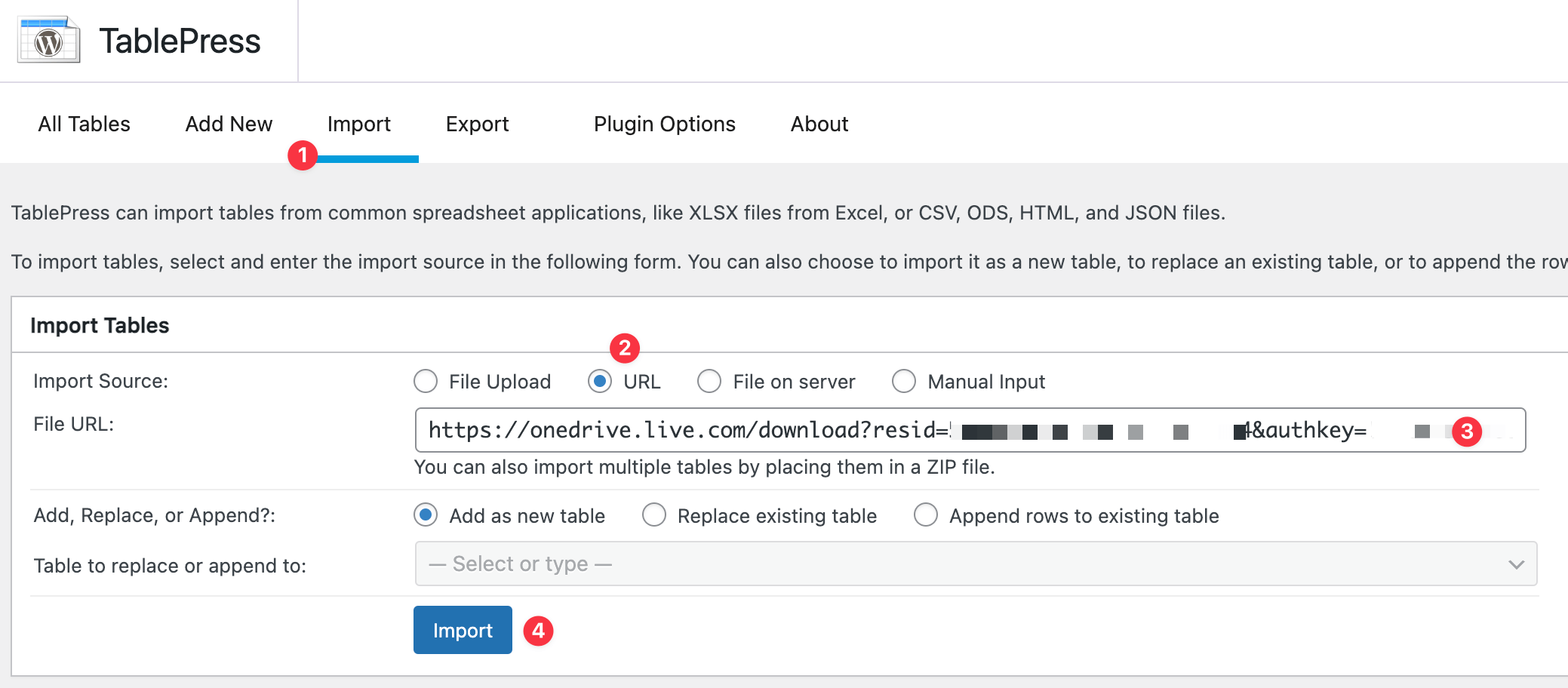 Importing a TablePress table from the generated Sharing URL of a Microsoft Excel Online worksheet.