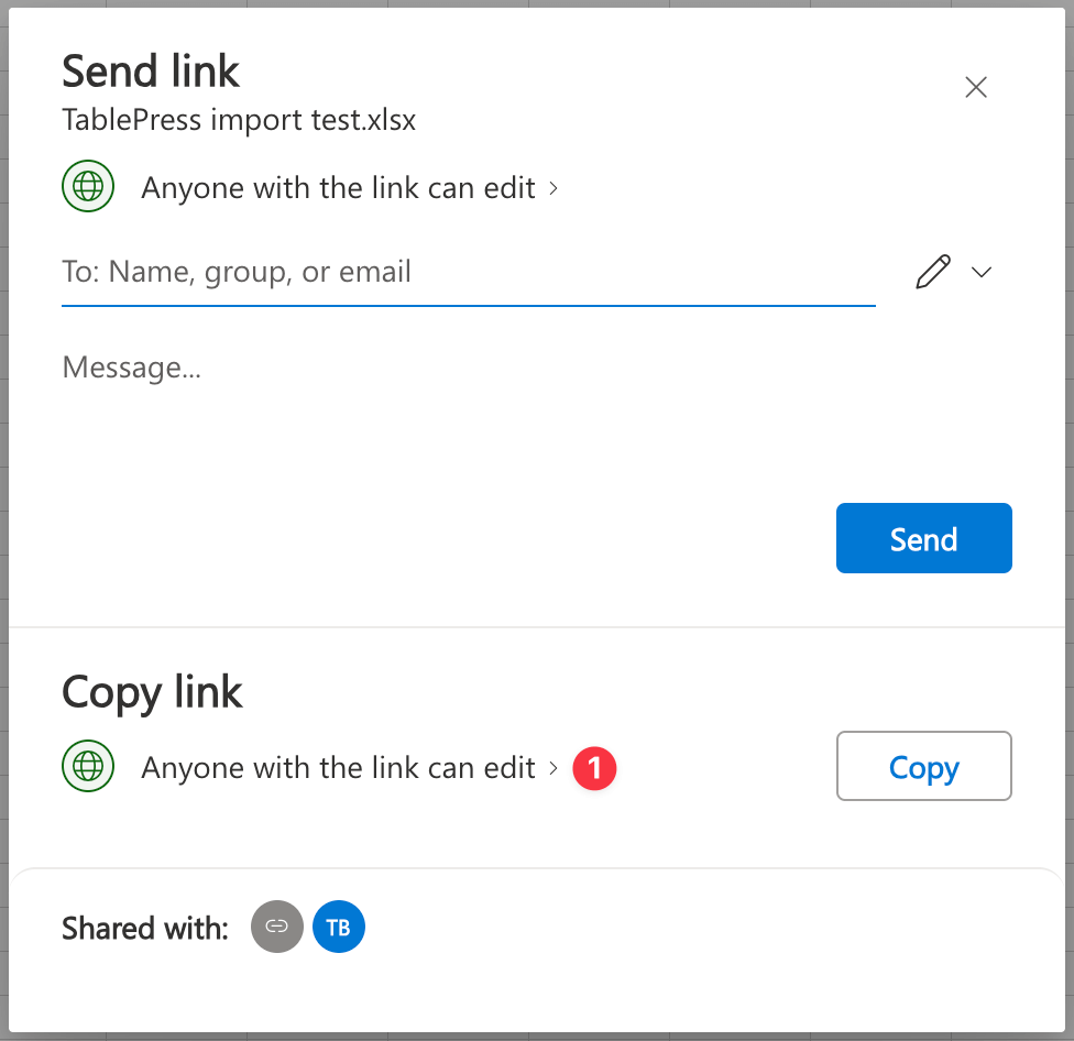 The "Share" dialog in Microsoft Excel Online.