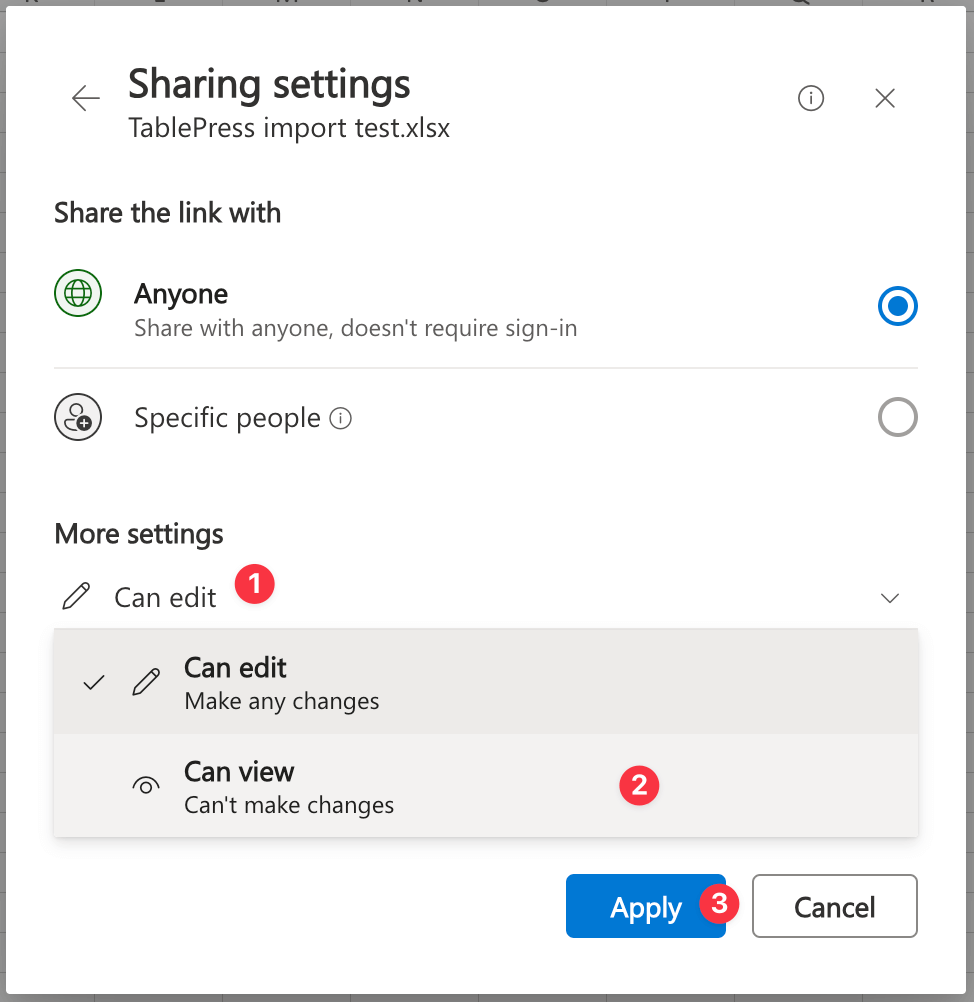 Changing the "Sharing settings" in Microsoft Excel Online.