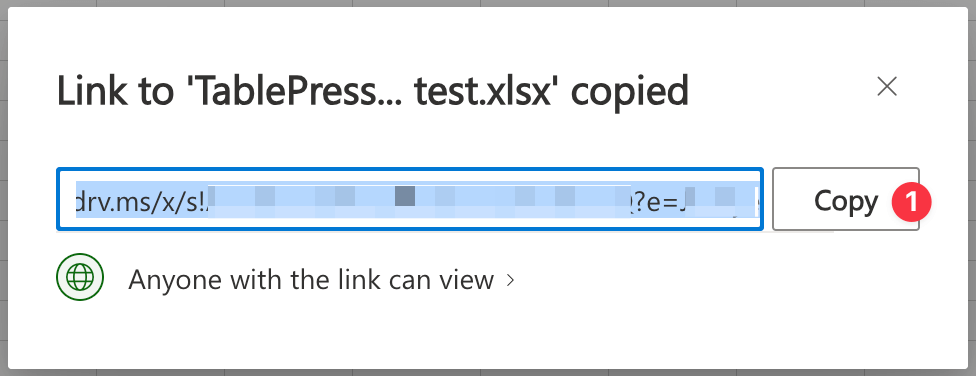 Copying the "View" link in Microsoft Excel Online.
