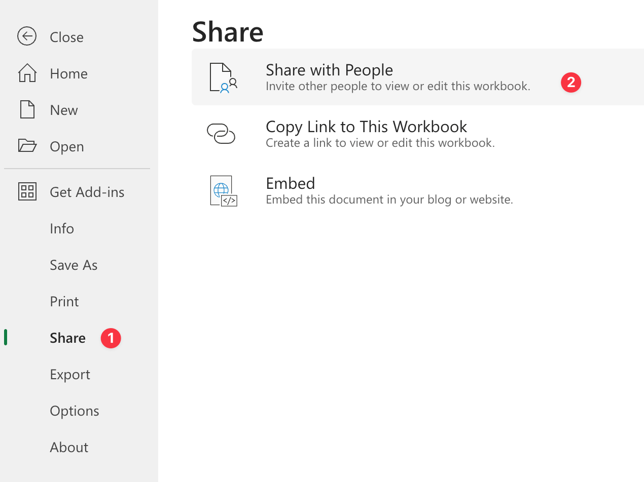 Opening the "Share with People" dialog in Microsoft Excel Online.