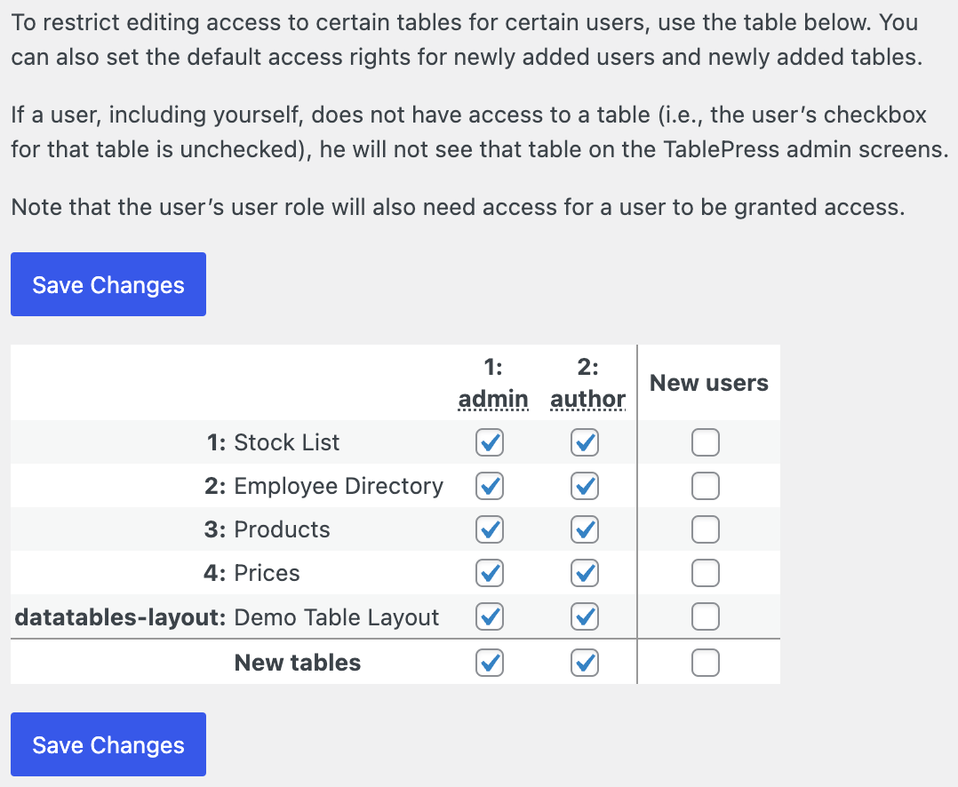 Screenshot of the "Advanced Access Rights" configuration screen in TablePress Max.