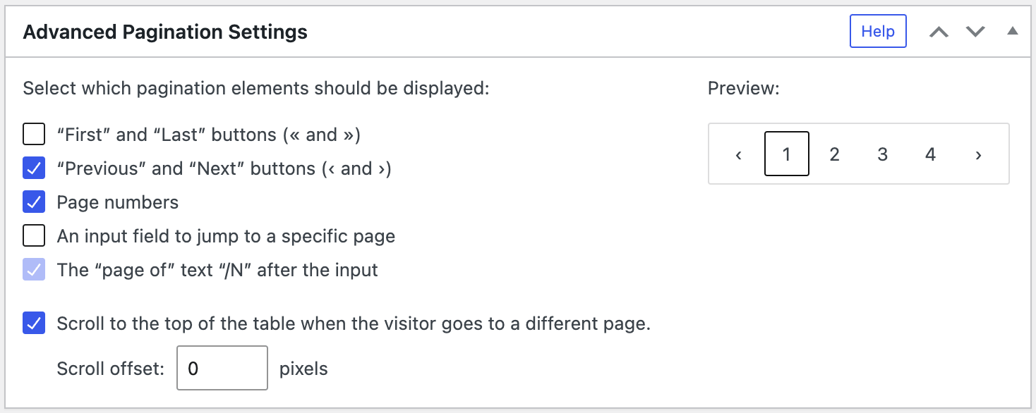 Screenshot of the "Advanced Pagination Settings" configuration section in the TablePress Premium versions.