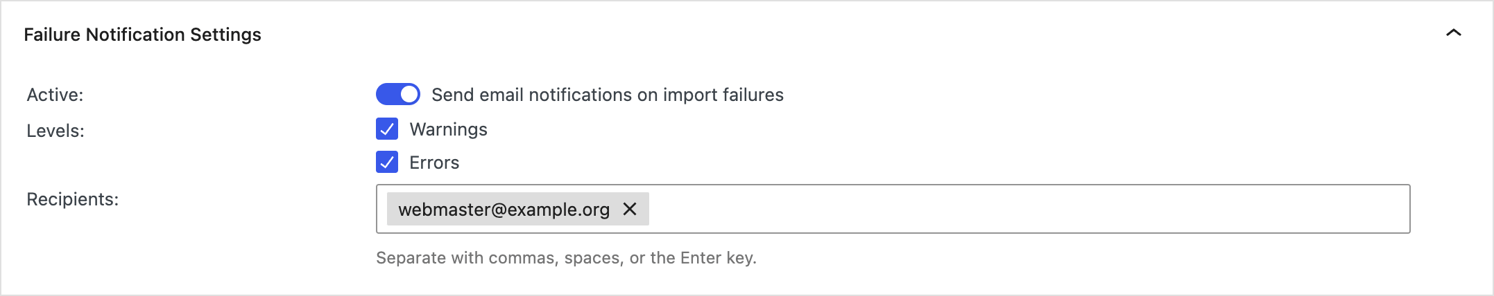 Screenshot of the "Failure Notification Settings" section of the "Automatic Periodic Table Import" screen in TablePress Max.