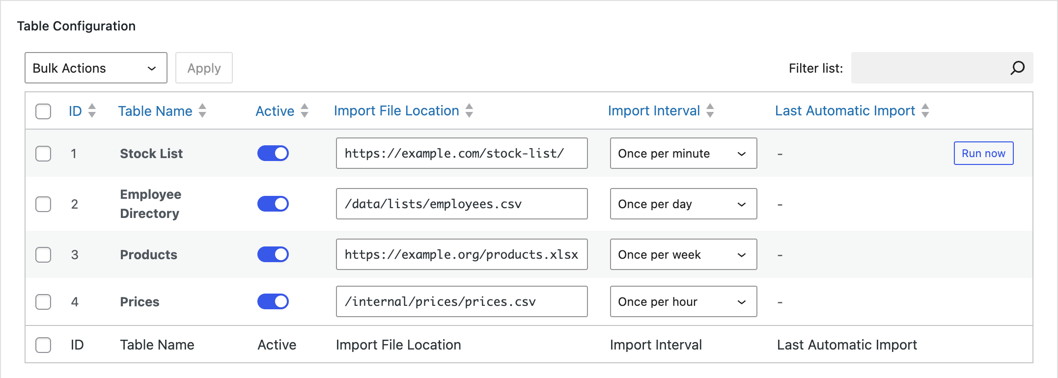 Screenshot of the "Table Configuration" section of the "Automatic Periodic Table Import" screen in TablePress Max.