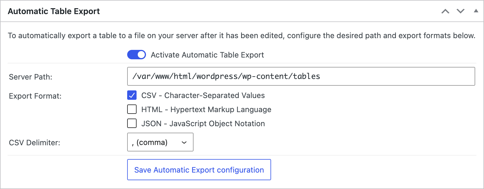 Screenshot of the "Automatic Table Export" configuration section in the TablePress Premium versions.