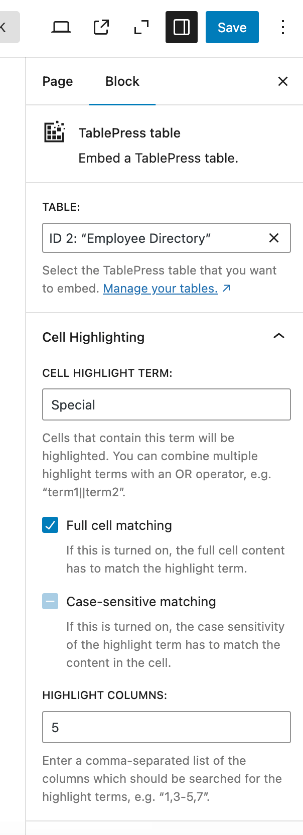 The available settings for the Cell Highlighting module in the "Settings" sidebar of the "TablePress table" block.