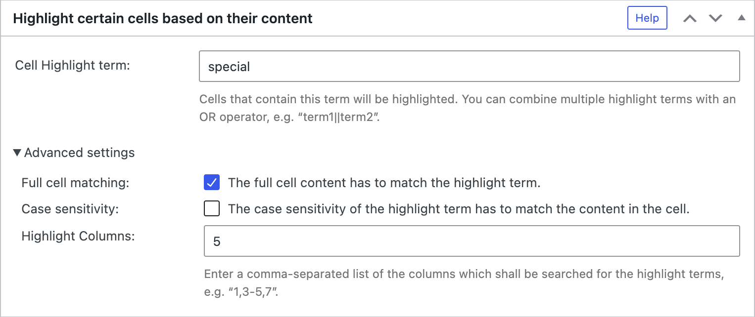 Screenshot of the "Cell Highlighting" configuration section in the TablePress Premium versions.