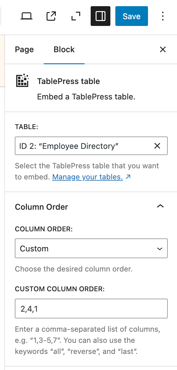 The available settings for the Column Order module in the "Settings" sidebar of the "TablePress table" block.