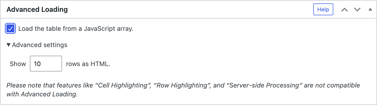 Screenshot of the "Advanced Loading" configuration section in TablePress Max.