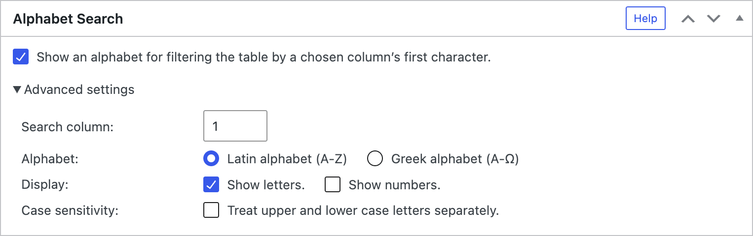 Screenshot of the "Alphabet Search" configuration section in the TablePress Premium versions.