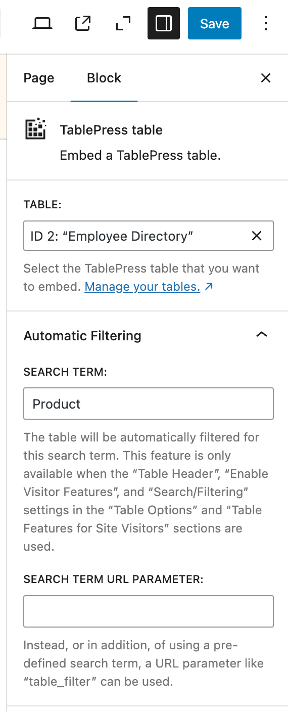 Screenshot of the available settings for the "Automatic Filtering" module in the "Settings" sidebar of the "TablePress table" block.