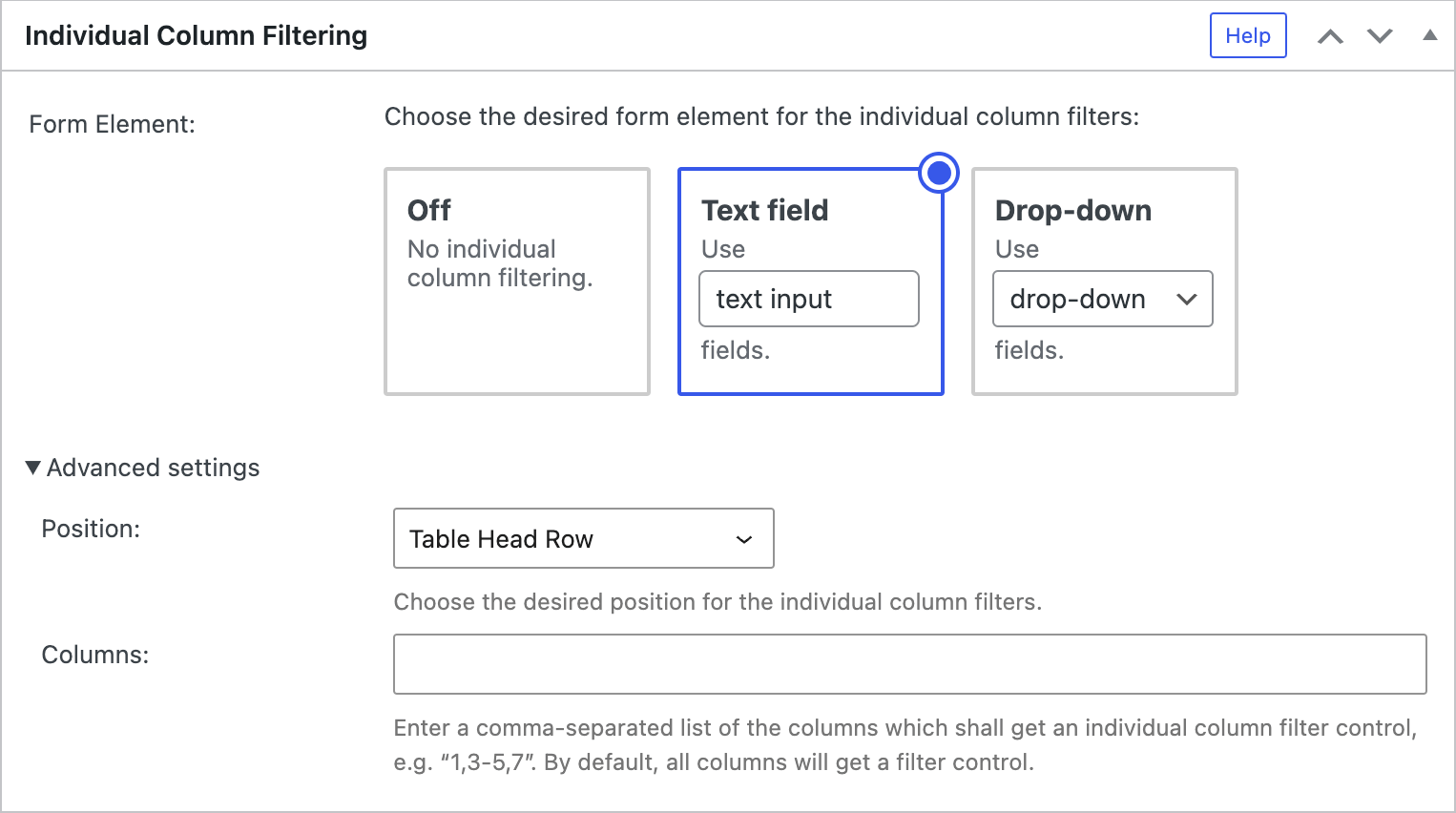 Screenshot of the "Individual Column Filtering" configuration section in the TablePress Premium versions.