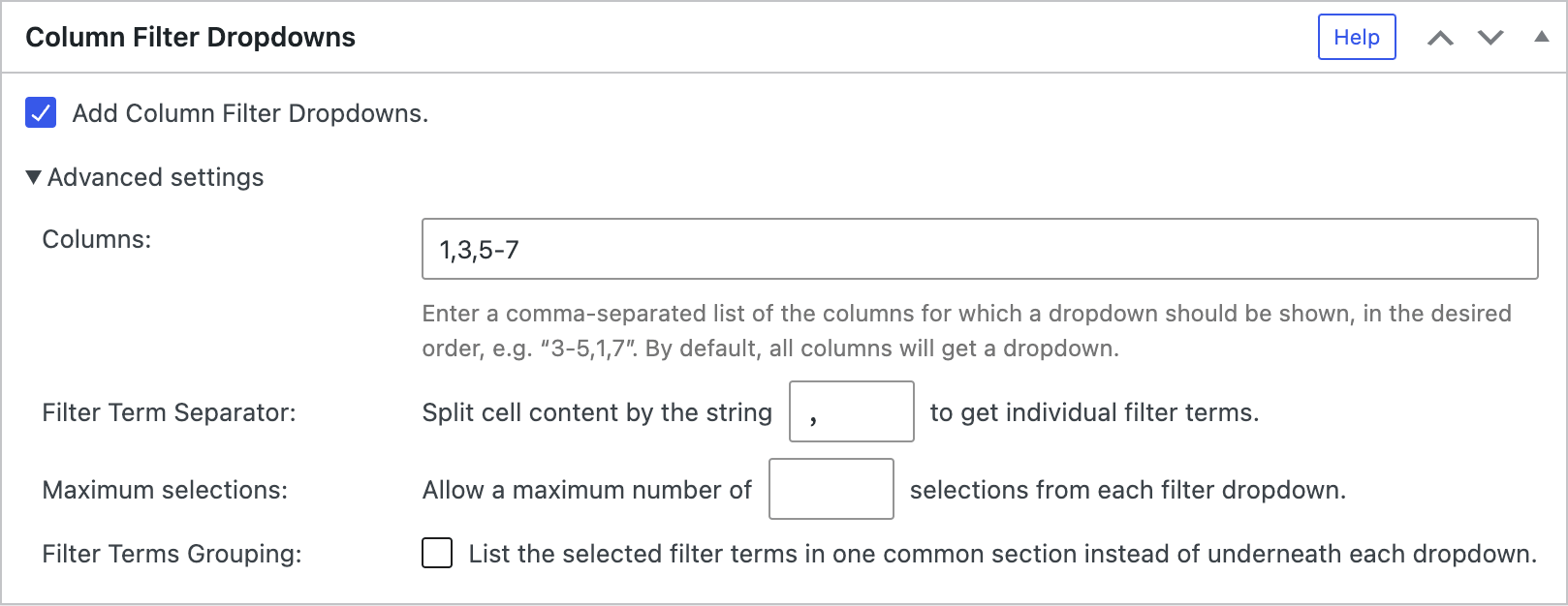 Screenshot of the "Column Filter Dropdowns" configuration section in the TablePress Premium versions.