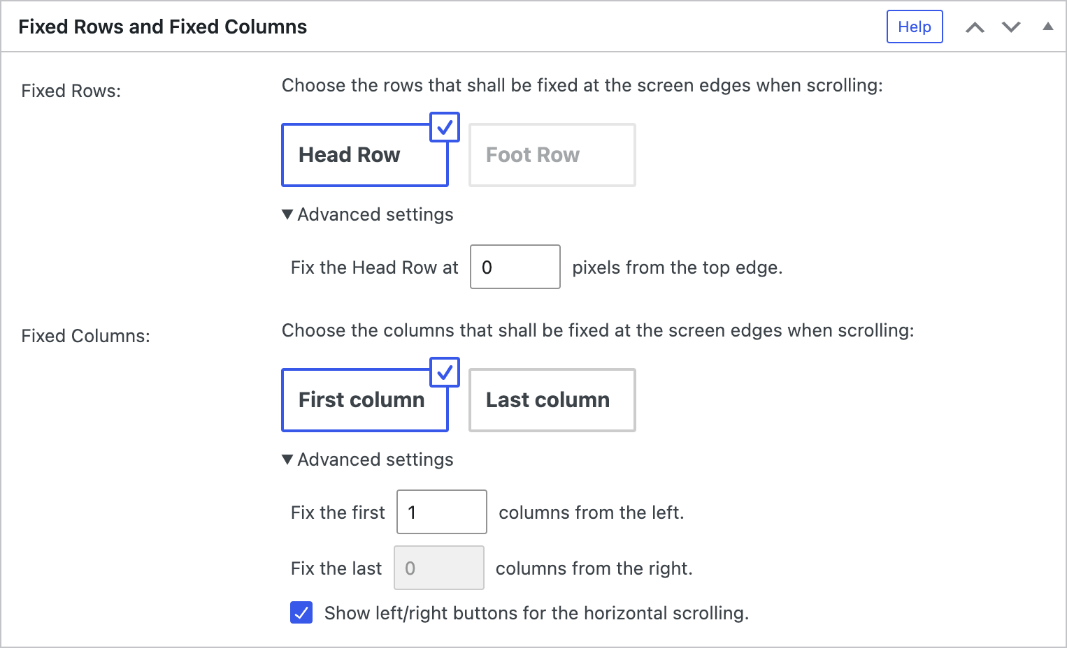 Screenshot of the "Fixed Rows and Fixed Columns" configuration section in the TablePress Premium versions.