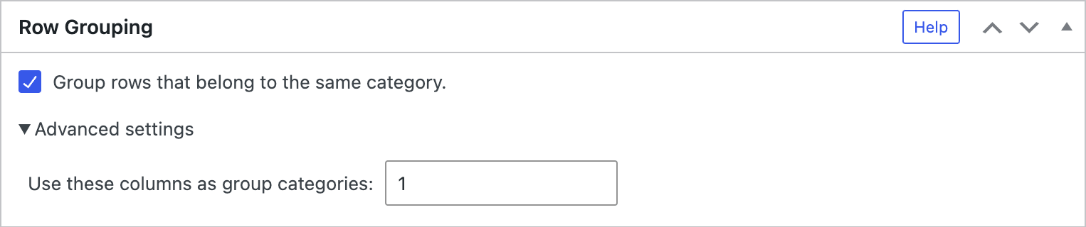 Screenshot of the "Row Grouping" configuration section in the TablePress Premium versions.